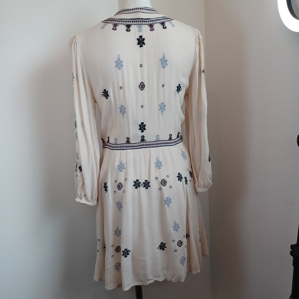 Free People Embroidered Gauze Mini Dress Cream Boho V-Neck Long Sleeve Womens M - Picture 10 of 14